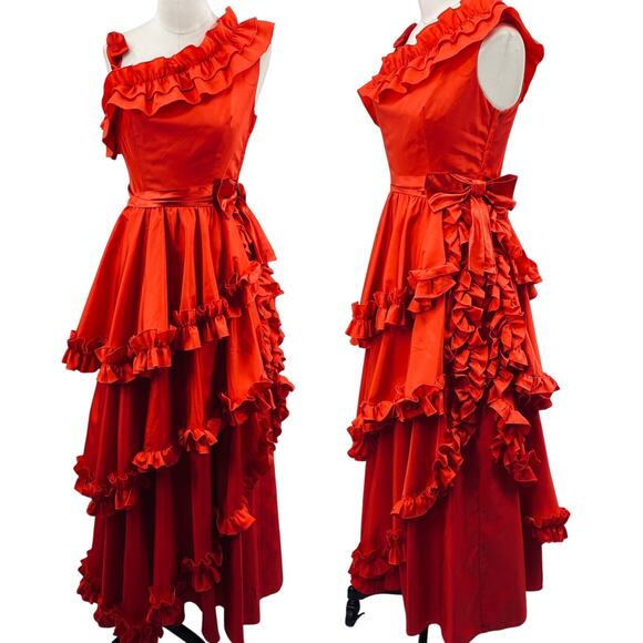 Vintage Dresses & Skirts - Vintage 70s Ruffled Gown Southern Belle Asymmetrical Neck Bow Waist Red 4